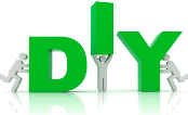 Three stick figures interacting with large green letters spelling 'DIY', with one figure lifting the letter 'I'.