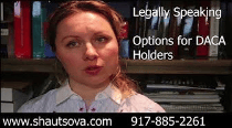 A woman speaking to the camera about legal options for DACA holders, with text overlay including 'Legally Speaking', her website, and contact information.
