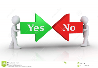 Two cartoon figures holding signs pointing in opposite directions, one labeled 'Yes' in green and the other labeled 'No' in red.