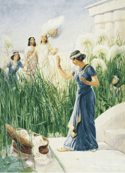 A woman in ancient attire stands by a water edge, interacting with figures hidden among tall grass in a serene setting, likely depicting a scene from mythology or history.