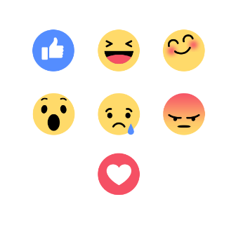 A grid of seven emoji faces representing various emotions: a thumbs up, a laughing face, a smiling face with blush, a shocked face, a sad face with a tear, an angry face, and a heart symbol.