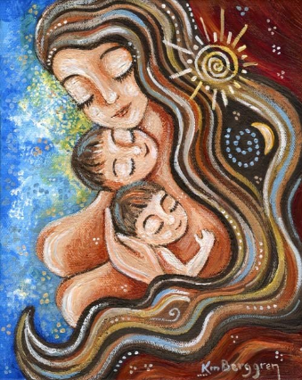 A colorful and abstract painting of a mother embracing two children, with flowing hair and a sun symbol in the background.