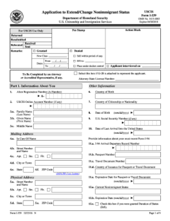Form I-539 Application to Extend/Change Nonimmigrant Status from the U.S. Citizenship and Immigration Services, displaying fields for personal information and application details.