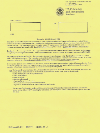 USCIS correspondence letter regarding the status of an immigration application, printed on yellow paper.