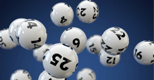 A group of white lottery balls with black numbers floating against a blue background.