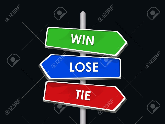 Signpost with three arrows labeled 'WIN' in green, 'LOSE' in blue, and 'TIE' in red against a black background.