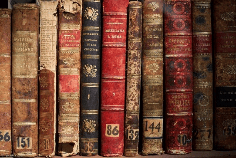 A close-up of a collection of vintage books on a shelf, featuring varying colors and spine designs, with some books showing age and wear.
