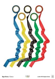 Five colorful ribbons in blue, yellow, black, green, and red arranged in a wavy pattern, representing the Olympic rings.