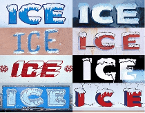 Collage of different signs displaying the word 'ICE' in various styles and colors, some with icy effects.