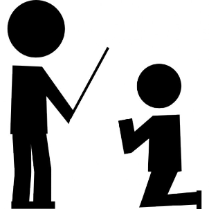 Two stick figure characters, one standing with a stick and the other kneeling in a submissive position.