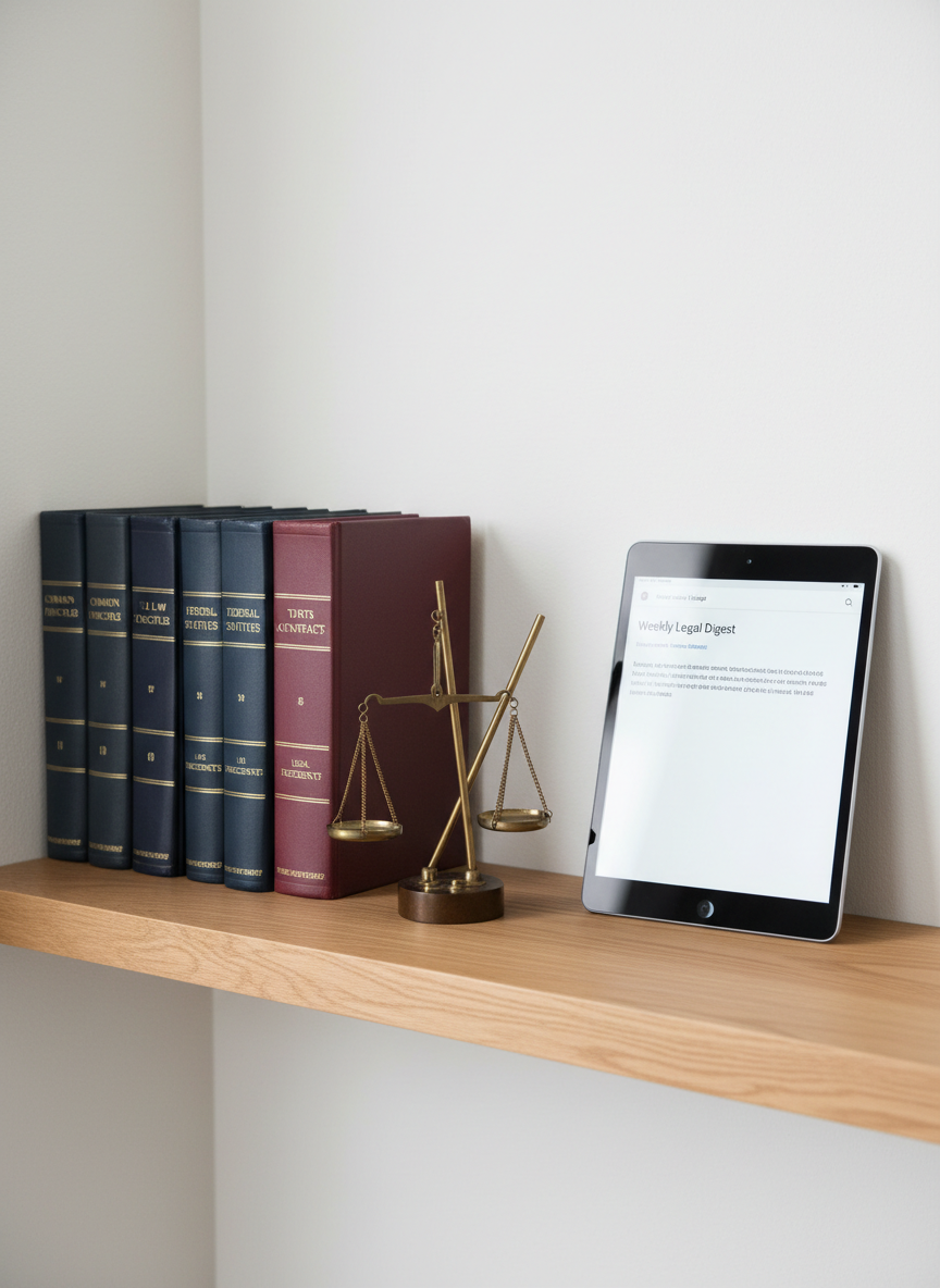 A close-up of a tidy legal reference corner: a row of dark navy and burgundy law books with gold-embossed generic titles, a sleek matte-black tablet displaying a blank email draft, and a small, minimalist brass scale of justice sculpture centered between them. Everything rests on a light oak shelf against a soft off-white wall. Soft studio lighting from the left creates gentle shadows that accentuate the textures of leather, metal, and wood. Photographic realism with a slightly elevated angle and balanced composition conveys calm authority and reliability. The overall mood is professional and informative, capturing the essence of a law office newsletter that distills complex legal concepts into accessible guidance.