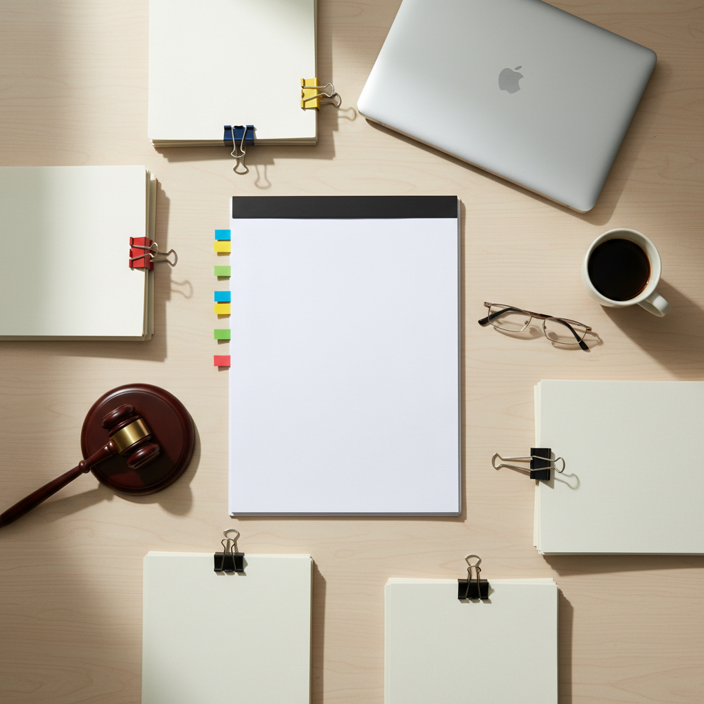 An overhead photographic view of an organized newsletter planning desk in a law office: a large, blank legal pad with color-coded sticky tabs along one edge, a closed silver laptop, a pair of frameless reading glasses, and a ceramic cup filled with black coffee. Around the pad are neatly stacked generic case files with colored clips, and a small bronze gavel resting on a leather coaster. Natural morning light streams diagonally across the scene from a nearby unseen window, casting soft, elongated shadows and giving the workspace a fresh, focused atmosphere. Shot with sharp focus throughout, the clean and modern composition evokes precision, preparation, and the thoughtful curation behind each legal newsletter issue.