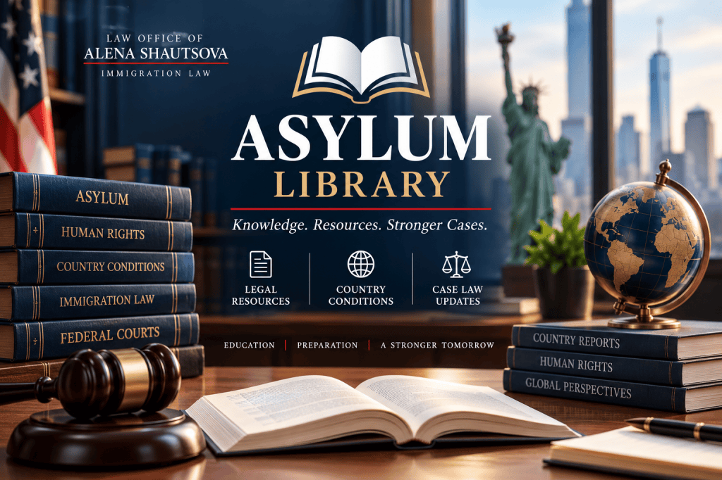 A detailed display of legal books related to immigration law stacked on a wooden table, with a globe and decorative plant in the background. The title 'ASLYUM LIBRARY' is prominently featured, emphasizing knowledge and resources for asylum cases.