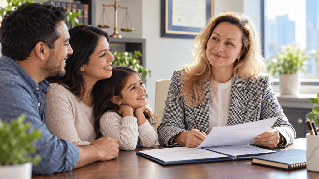 A family, consisting of two adults and one child, are sitting around a desk with a professional woman who is reviewing documents. The atmosphere is friendly and supportive, with plants and a cityscape visible through the window.