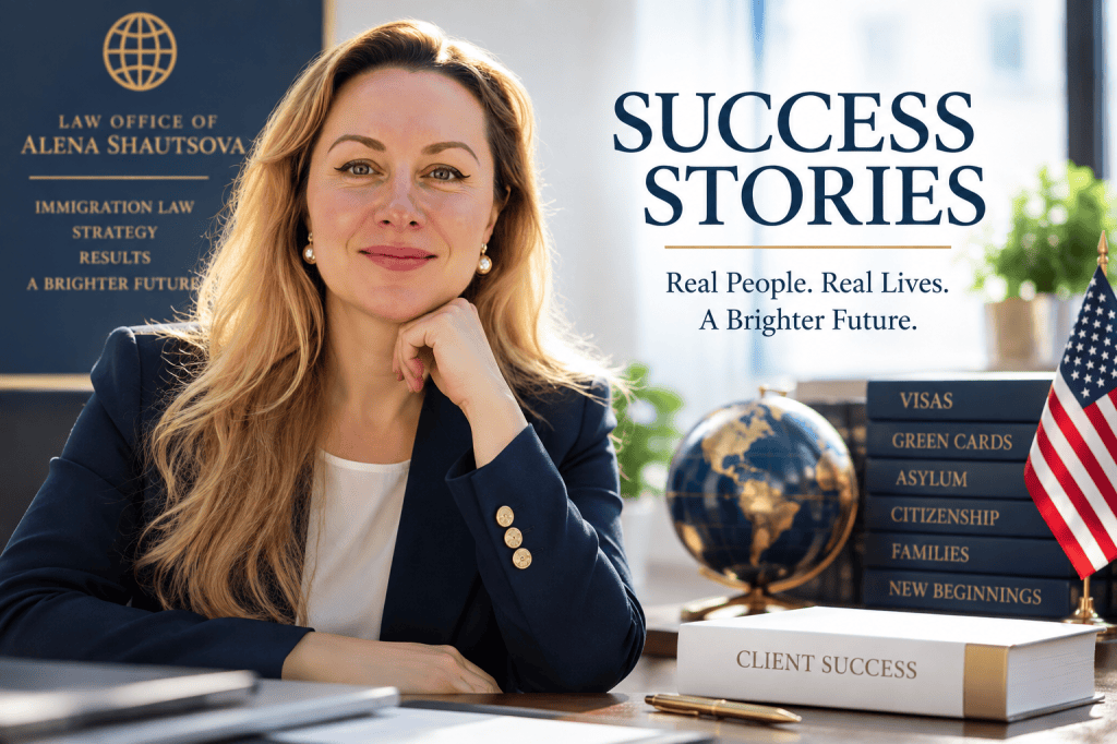 A woman sitting confidently in an office setting, smiling at the camera, with a backdrop featuring legal texts and a globe. The text overlay reads 'SUCCESS STORIES' and highlights immigration law services.
