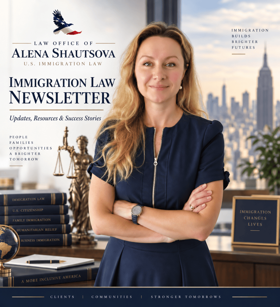 A professional woman stands confidently in a law office, wearing a navy blue dress, with a city skyline visible behind her. The image features the title 'Immigration Law Newsletter' along with various law books related to immigration.