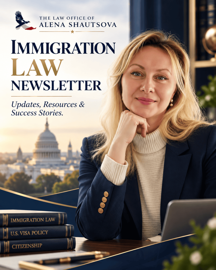 A professional woman with blonde hair sits at a desk, smiling and resting her chin on her hand. In the background, the U.S. Capitol can be seen through a window. The image features a title 'Immigration Law Newsletter' alongside books labeled 'Immigration Law,' 'U.S. Visa Policy,' and 'Citizenship' on the desk.
