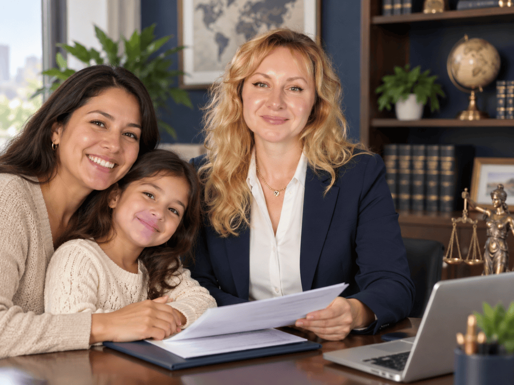 A smiling woman and a young girl sitting together with a lawyer at a desk, discussing documents in an office setting.