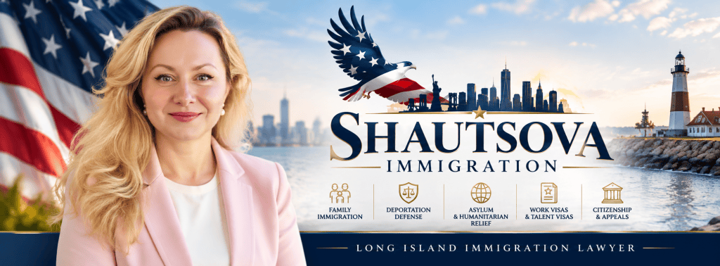 Promotional banner for Shautsova Immigration featuring a woman with blonde hair, standing in front of a city skyline and waterfront, with American flag elements in the background. Includes icons representing immigration services such as family immigration, deportation defense, asylum, work visas, and citizenship.