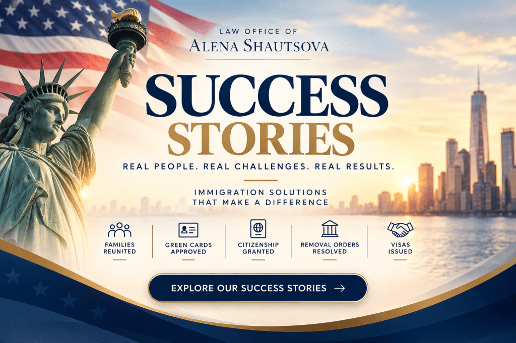 Promotional graphic for the Law Office of Alena Shautsova highlighting immigration success stories, featuring the Statue of Liberty and a New York City skyline background.