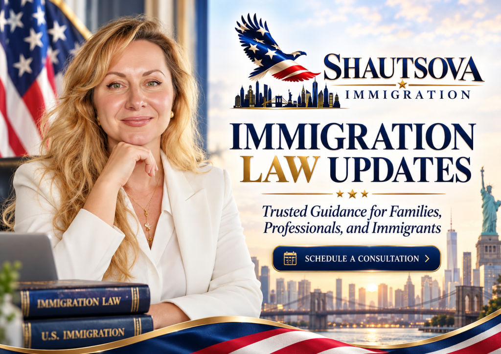 A professional woman with long blonde hair smiles while seated at a desk, surrounded by immigration law books. The background features an American flag and a skyline view with the Statue of Liberty, highlighting a focus on immigration law updates and legal guidance.