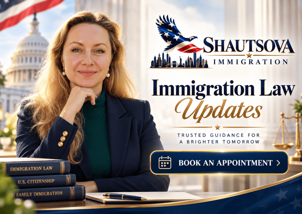 A confident woman with long hair sits at a desk, smiling while resting her chin on her hand. Behind her is a blurred view of the U.S. Capitol and an American flag. The image includes text promoting immigration law updates and a call to action to book an appointment.