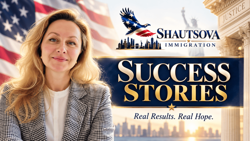 A confident woman with long, wavy hair, wearing a white top and plaid blazer, smiles in front of a backdrop featuring the American flag and the Statue of Liberty. The text displays 'Shautsova Immigration' and 'Success Stories' with the tagline 'Real Results. Real Hope.'